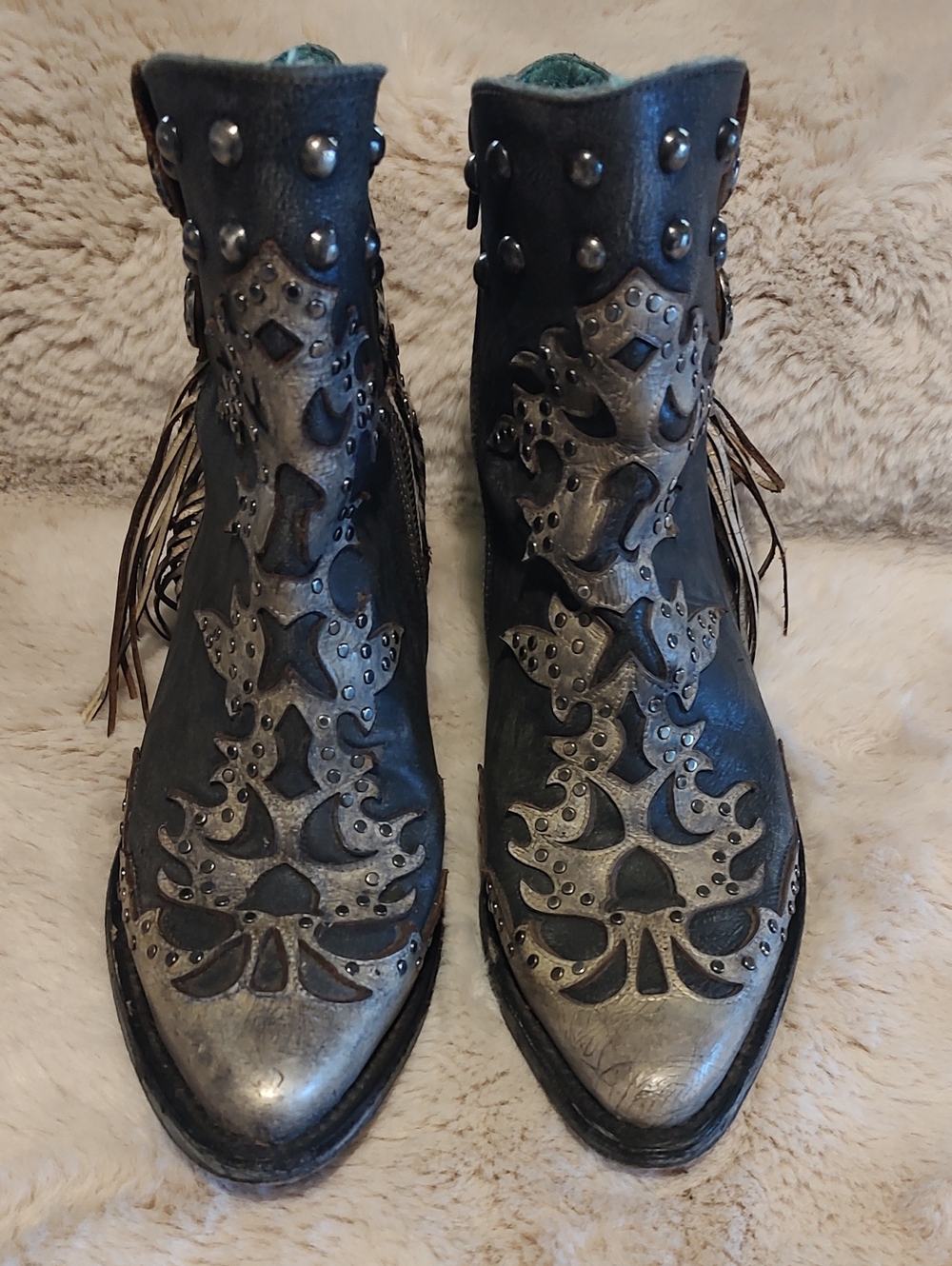 Corral Women's Studded Metallic Black/Silver Hair On Hide W/ Fringe Ankle Boots